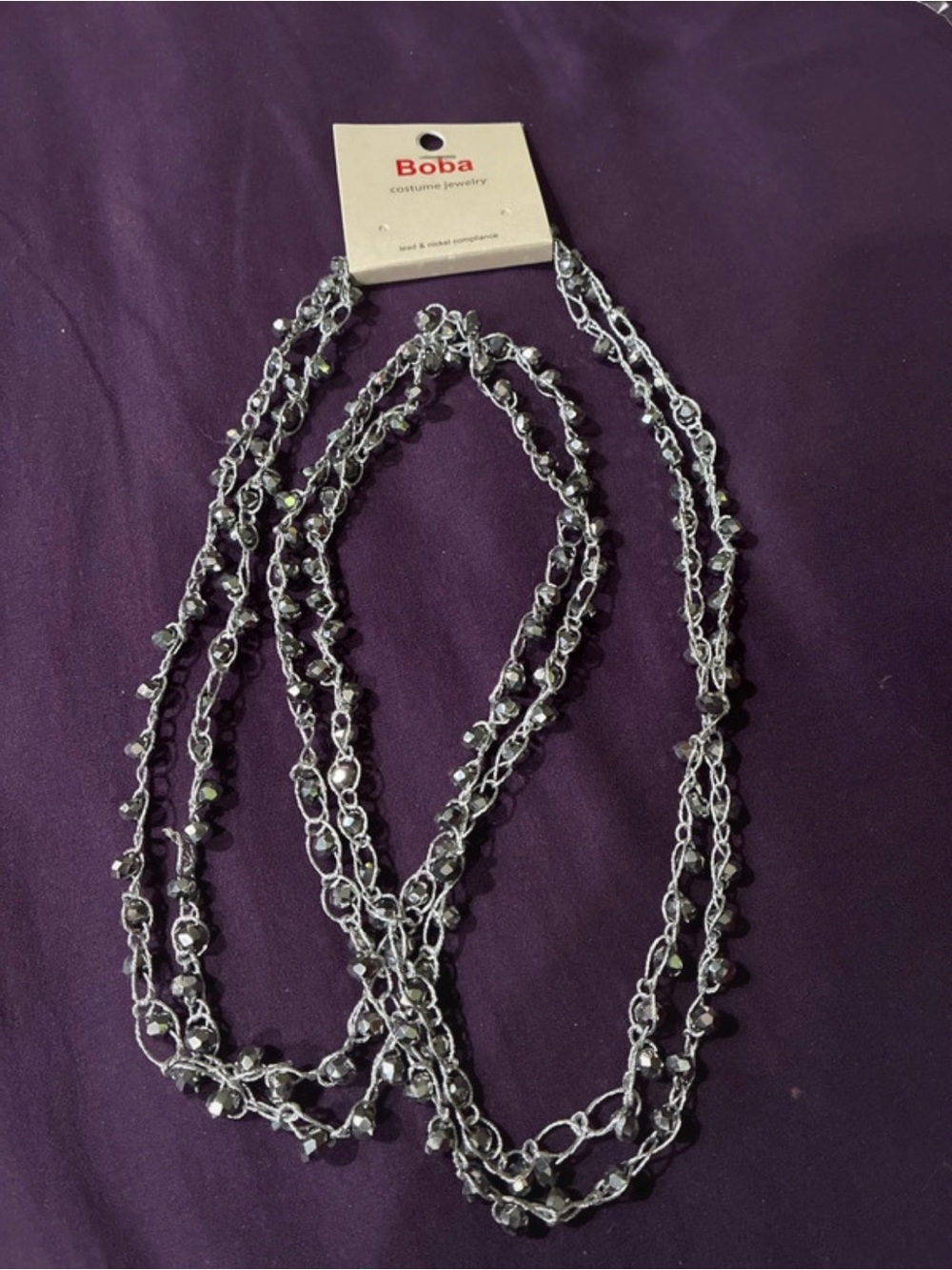 Boba Long Silver Beaded Layered Necklace